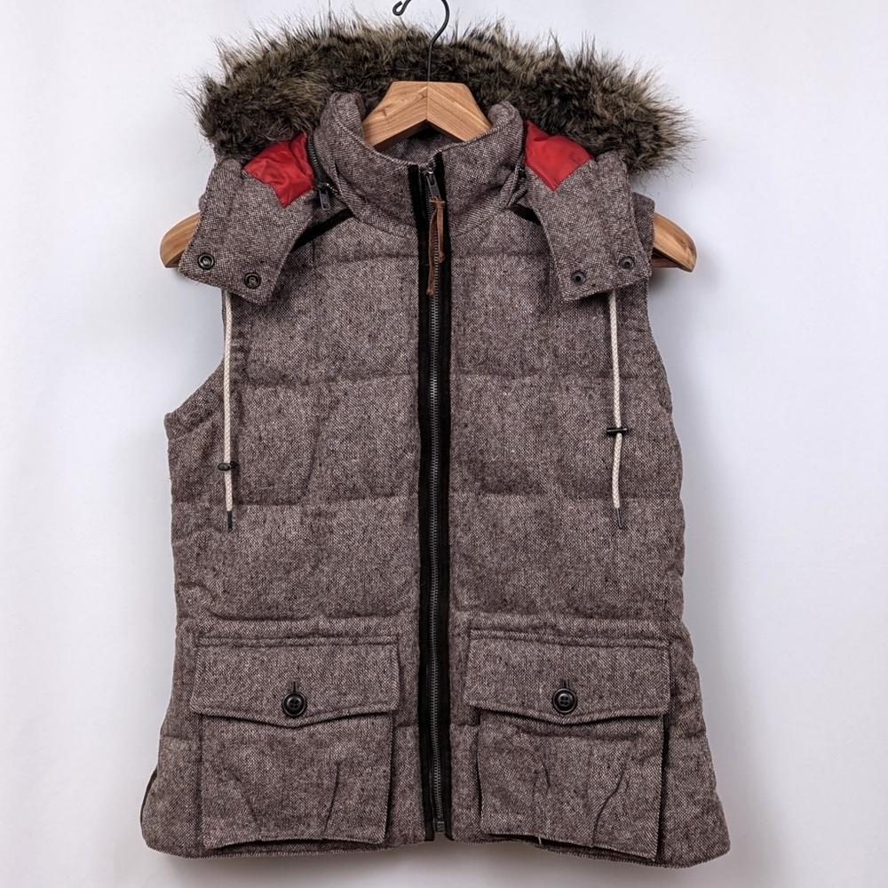 Eddie Bauer Puffer Vest Goose Down Quilted Wool Tweed Fur Trimmed Hood Yukon L